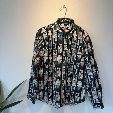 캐릭터 패턴 긴팔 셔츠 M 사이즈 일본제 면 80% 린넨 20%