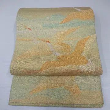 학 자수 후쿠로 오비 골드 컬러와 그린 컬러 기모노 애호가 오비