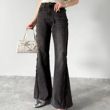 [ mily bilet ] 사이드 프린지 빈티지풍 데님 플레어 팬츠 블랙