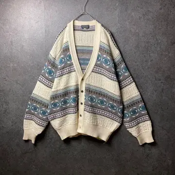 빈티지 가디건 L 올 패턴 화이트 와이드 소매 루즈핏 구제 의류 레트로