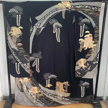 D14 순수 실크 후리소데 시보리 고쇼구루마 부채 블랙 계열 기모노