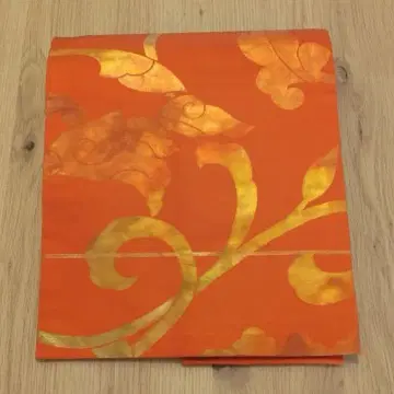 순수 실크 나고야 오비 동백 오렌지 꽃무늬