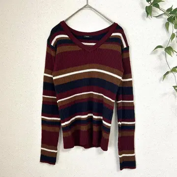 새상품급 L'espoir [M] V넥 리브 니트 멀티 보더