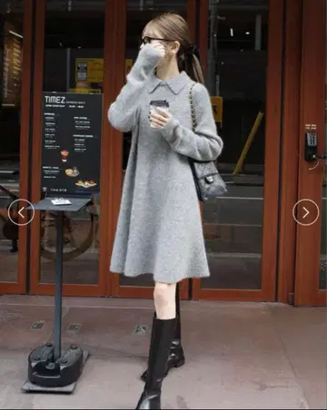 택 포함 새상품 카라 부착 페플럼 니트 미니 원피스