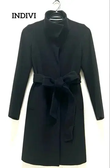 INDIVI 스탠드 카라 코트 블랙 캐시미어 20% 혼방 허리 리본