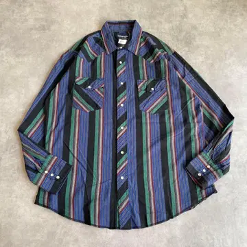 랭글러 웨스턴 셔츠 스트라이프 구제 의류 90s L 블랙 블루 13042