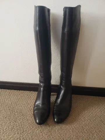 블랙 롱 부츠 천연 가죽 사이드 지퍼 블랙