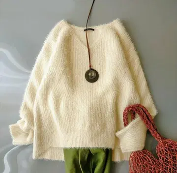 BARNYARDSTORM V넥 샤기 니트 긴팔 스웨터 아이보리