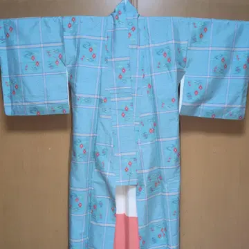 츠무기 코몬 스카이블루 빨간색 꽃무늬 순수 실크 기모노 이중 기모노