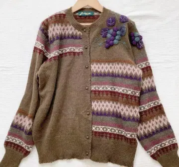 장밋빛 인생 포도 모티브 가디건 니트 스웨터 페어아일