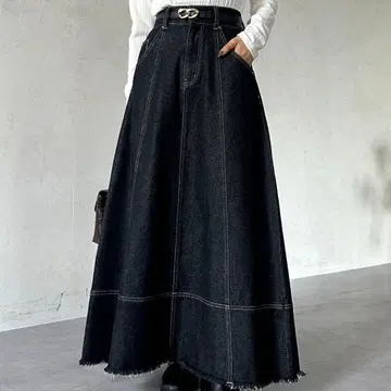 Thevon. 데님 하이웨스트 플레어 스커트