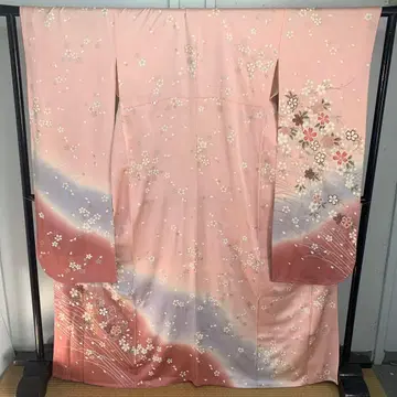 D15 순수 실크 후리소데 벚꽃 무늬 핑크 계열 성인식 기모노