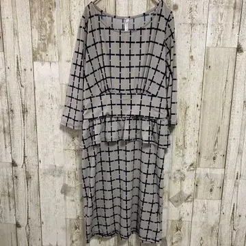 퍼플 레인 원피스 오부 소매 프릴 무릎 기장 체크 올 패턴 베이지 성인