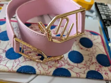핑크 합성 피혁 벨트 골드 버클