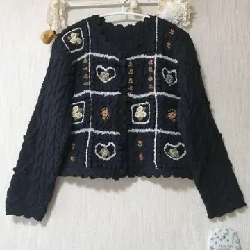 자수 블랙 니트 가디건 빈티지 레트로 구제 의류