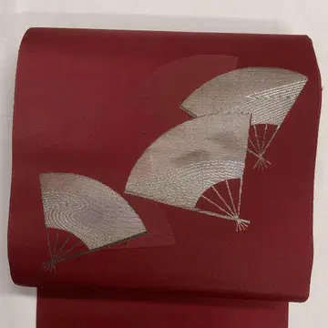 나고야 오비 마츠바 시다테 부채 물결 무늬 와인 레드 기모노 091t