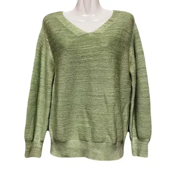 인디비 INDIVI 파스텔 그린 라메 울 V넥 니트