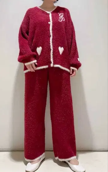 라메 페더 가디건 & 라메 페더 롱 팬츠 레드