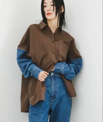 KBF 블라우스 셔츠 데님 슬리브 리메이크 셔츠 여성용 브라운