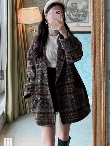 GRL 체크 무늬 더블 버튼 코트