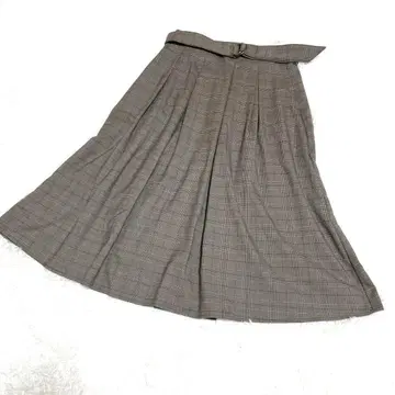 체크 무늬 플레어 스커트 벨트 포함 브라운 계열 포켓 2개 허리밴딩