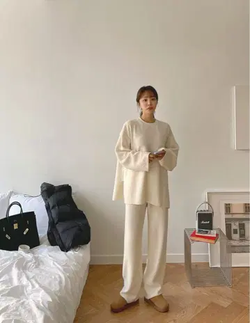 에코 퍼 후드 더블 지퍼 가디건 기모 리브 맨투맨 & 루즈 팬츠