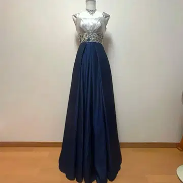 AIMER*실버 x 네이비 A라인 롱 드레스