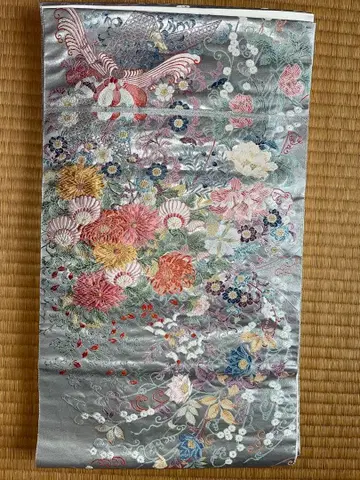 후쿠로 오비 은색 꽃무늬 자수 플라티나박 이중직