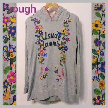 러프 꽃자수 긴팔 롱 후드티 핑크 스티치 꽃 버튼