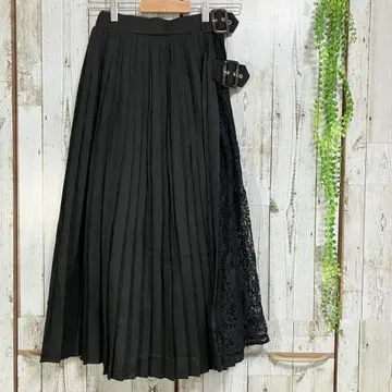 호박 포트 플리츠 스커트 롱 플레어 M 레이스 벨트 블랙