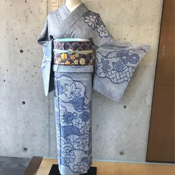 순수 실크 고급 시보리 호몬기 이중 기모노 스카이블루