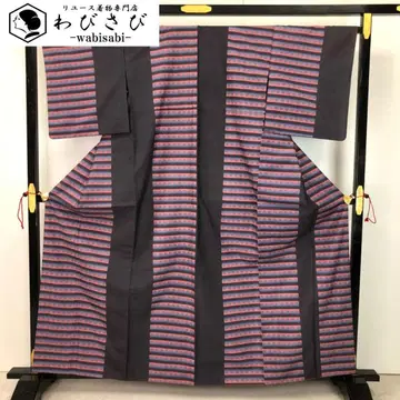 츠무기 기모노 추상 가로 줄무늬 후지스스다케 색 K-5614