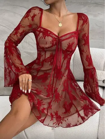 빨간색 시스루 레이스 원피스