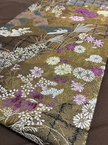 꽃무늬 자수 후쿠로 오비 브라운 계열 육통 무늬