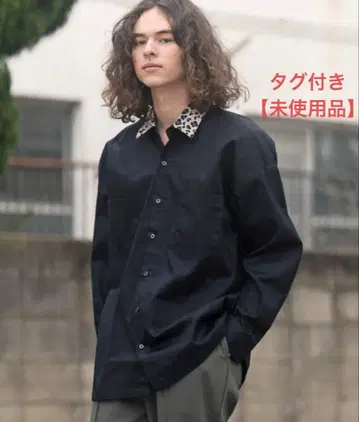 택 포함 [ 미사용품 ] 오버 사이즈 트윌 셔츠 레오파드 블랙