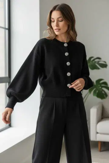 ZARA 블랙 니트 가디건 벌룬 소매 M