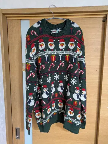 크리스마스 패턴 산타 패턴 그린 니트 XL