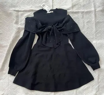 MAJESTIC LEGON 블랙 비쥬 니트 리본 미니 원피스