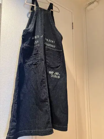 DENIM DUNGAREE 스텐실 프린트 데님 롱 원피스 점프슈트