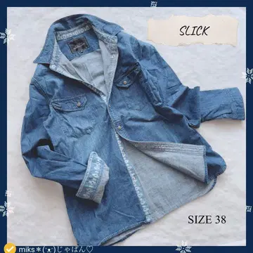 [ 38 ] SLICK 자수 디자인 데님 셔츠 턱 버튼 겉옷 긴팔