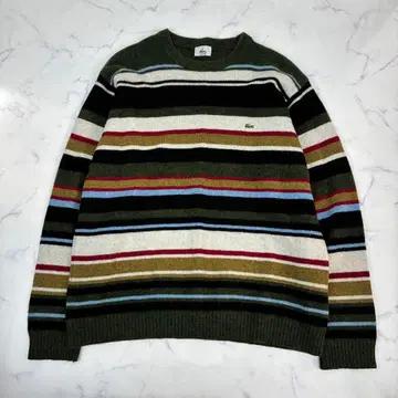 라코스테 울 100% 니트 악어 자수 보더 멀티 컬러