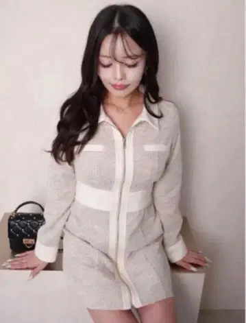 립 서비스 프론트 지퍼 트위드 원피스 베이지