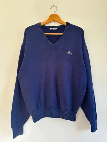 LACOSTE 라코스테 V넥 코튼 니트 네이비 자수 로고