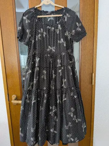 PINK HOUSE 블랙 도트 리본 무늬 반팔 원피스