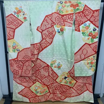 D16 순수 실크 후리소데 시보리 화문 그린 계열 성인식 기모노