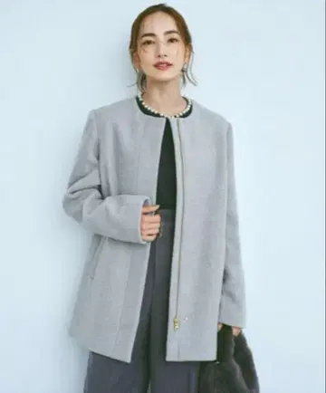 오페크 도트 클립 노카라 코트 울 캐시미어 블렌드 미들 기장 S