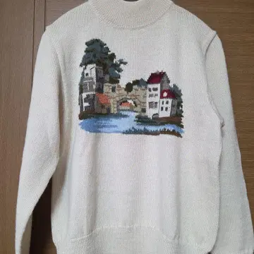 손뜨개질 풍경 자수 터틀넥 니트