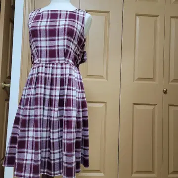 택 포함 새상품 엑시즈팜 와인 레드 체크 원피스