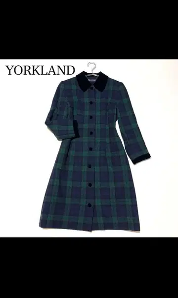 [요크랜드] 벨로아 옷깃 체크 무늬 코트 M 원피스 네이비 그린