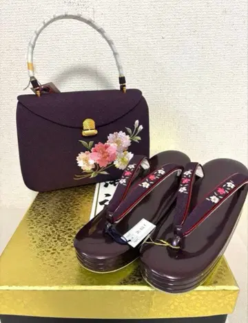 [ 미사용품 ] 킨와시 보라색 꽃무늬 자수 일본 의류용 백과 조리 세트